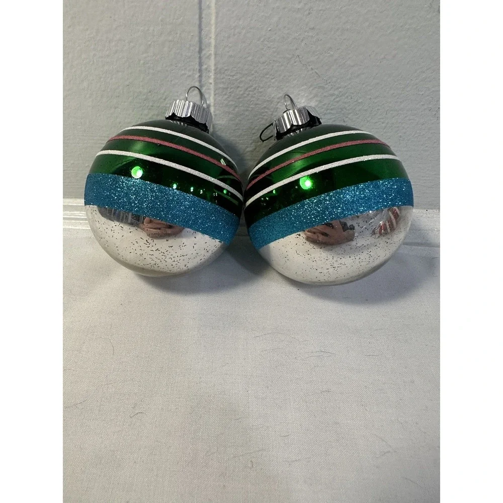 Vintage Radko‎ Shiny Brite Green Striped Ball Glitter Ornament set Xmas Tree (2)